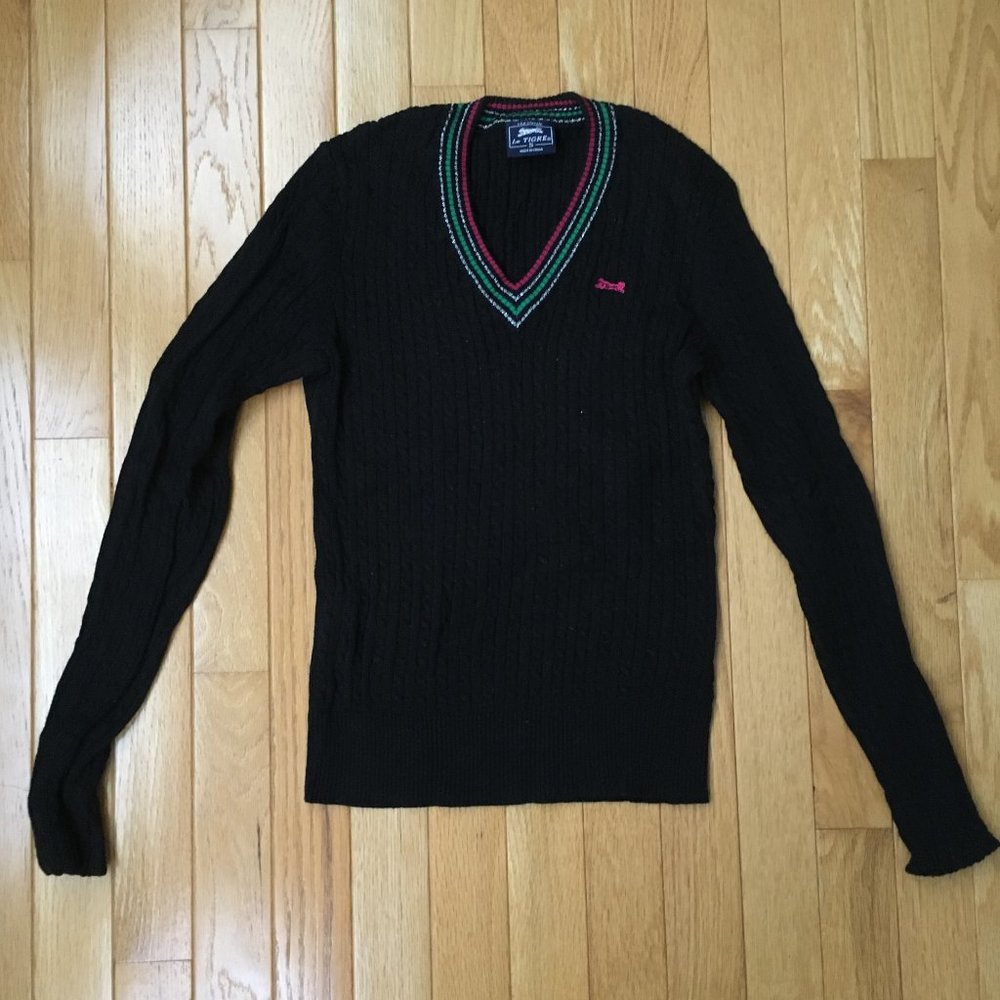 Vintage Le Tigre Black Cotton Cable Knit V-Neck Sweater Size S